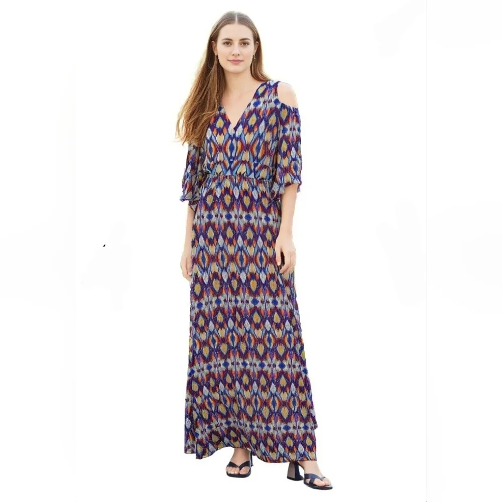 VENUS Multi-color Maxi Dress Cold Shoulder Elbow Length Flutter Sleeve - Picture 1 of 13